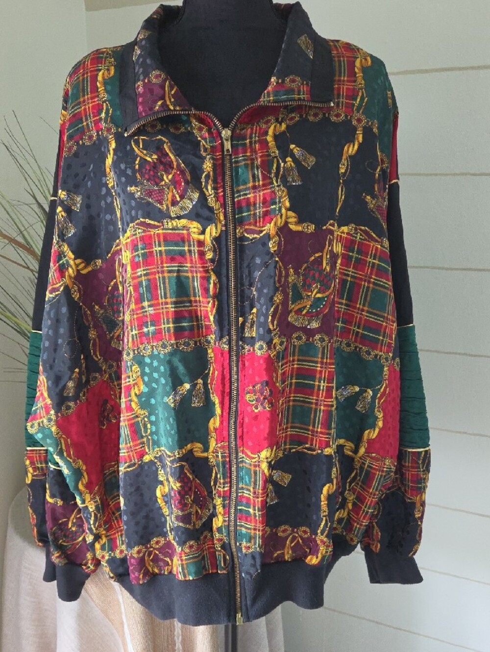 80s Vintage Silver Threads Red Green Tartan Plaid Equestrian Scarf Print Jacket